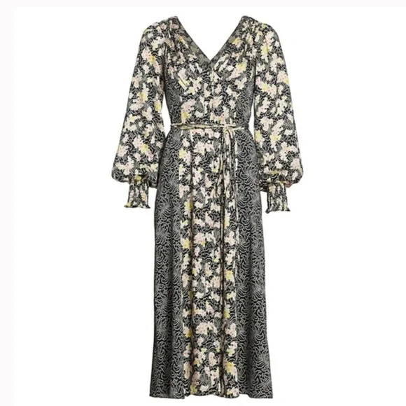 ❤️ CINQ A SEPT WOMENS MIXED PRINT DOUBLE V MIDI DRESS NWOT - Picture 6 of 13